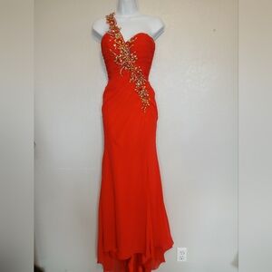 One-Strap Red Evening Gown Prom Maxi Dress Sparkling Beaded Formal One Shoulder
